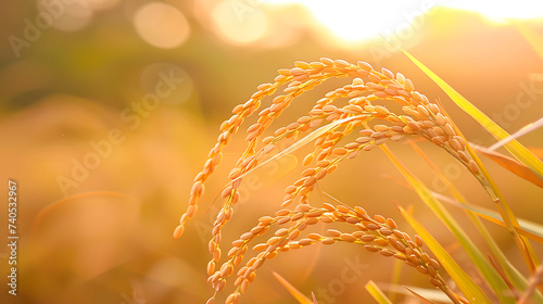 Golden yellow rice ear. Beautiful golden rice field and ear of rice. Generative AI illustration 