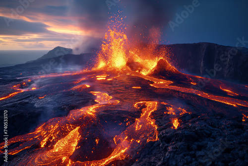 Volcanic eruptions  lava  scenes of dangerous flames.