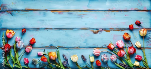 Tulips Arranged on a Blue Wooden Plank, Infusing a Touch of Natural Beauty and Vibrancy. Made with Generative AI Technology