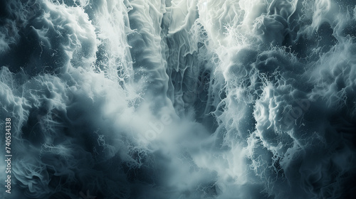 Liquid mercury cascading down a smoky, high-definition waterfall