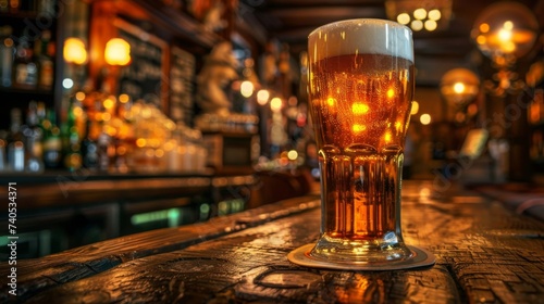 A glass of beer on the background of a bar. Yellow liquid with bubbles and foam in a glass.