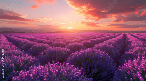 Stunning sunset sky above vibrant purple lavender fields creating a picturesque and peaceful landscape.