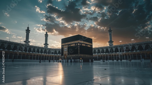Kaaba stands as a centerpiece, adorned with golden inscriptions, amidst an architectural marvel of arched