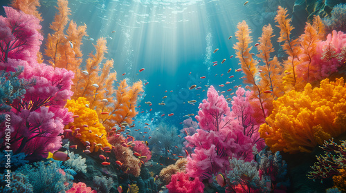 Sunlight illuminates a vibrant underwater scene of colorful coral reefs bustling with diverse marine life. © AI Art Factory