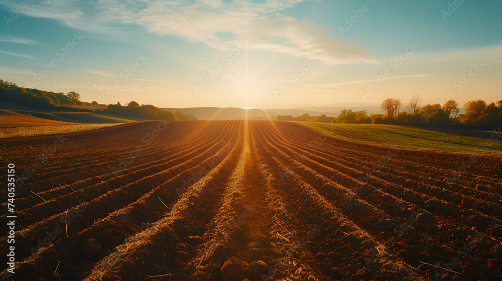 Sunset over a plowed agricultural field.  - obrazy, fototapety, plakaty 