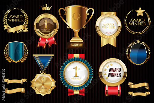 Collection of Awards icon medal laurel wreath trophy and ribbon vector illustration 