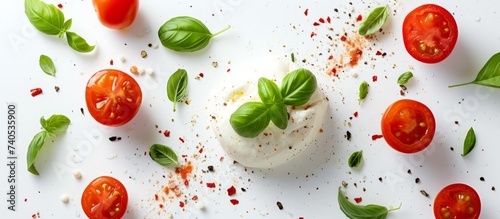 Delicious mozzata salad with fresh basil and ripe tomatoes on white plate