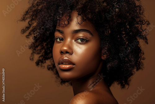 Beauty portrait of African American girl with clean healthy skin on brown background. Smiling dreamy beautiful black woman.Curly hair in afro style