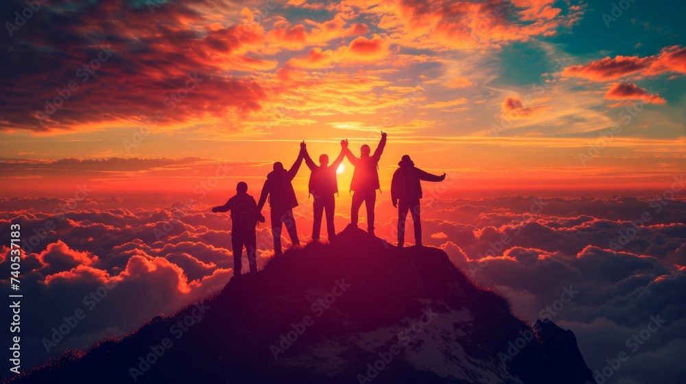 Silhouette back group of man team celebrating success on top mountain, sky and sunset background. Business, teamwork, achievement and person concept. Vector illustration. - obrazy, fototapety, plakaty 