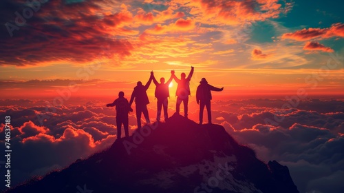 Silhouette back group of man team celebrating success on top mountain, sky and sunset background. Business, teamwork, achievement and person concept. Vector illustration. photo