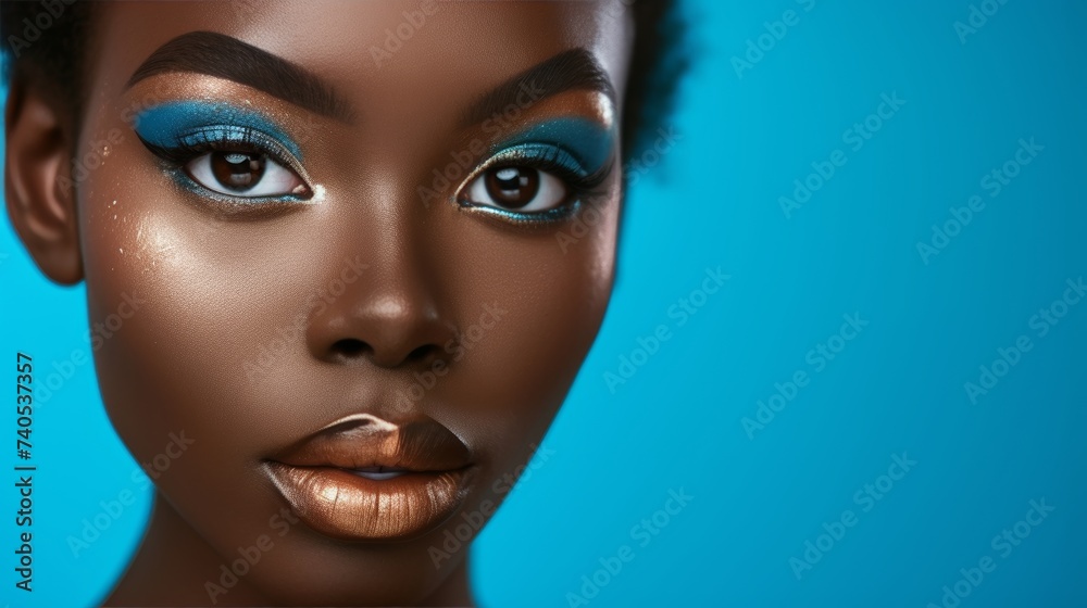 Young black woman with beautiful bright brown eyes with shining blue shadows, beige lipstick and expressive eyebrows, pitted look of colored paper, fashion, beauty, make-up, cosmetics, salon style - obrazy, fototapety, plakaty 