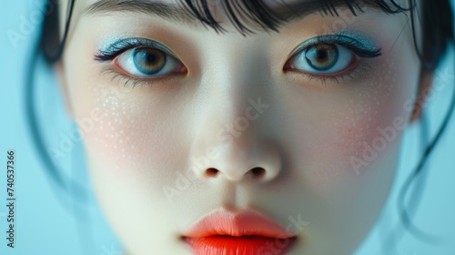 Young Japan woman with beautiful bright brown eyes with shining blue shadows  beige lipstick and expressive eyebrows  pitted look of colored paper  fashion  beauty  make-up  cosmetics  salon style