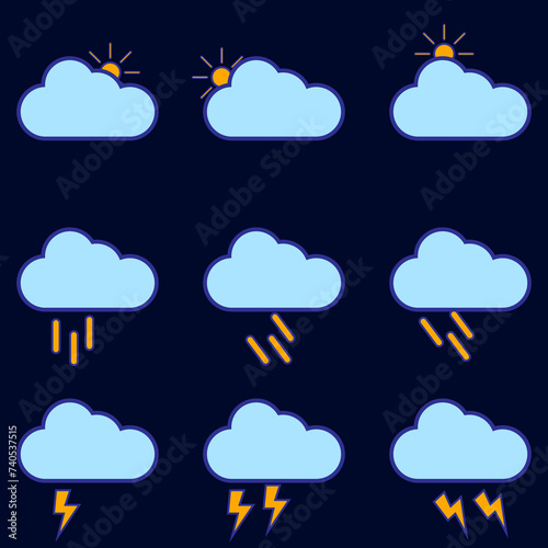 Weather icons set. cloud icon with rain, lightning and sun