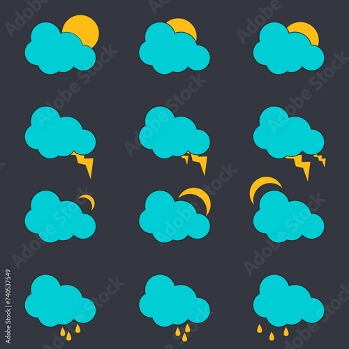 Weather icons set. cloud icon with rain, moon and sun