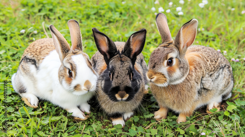 Three rabbits in different colours sitting on a green spring meadow 