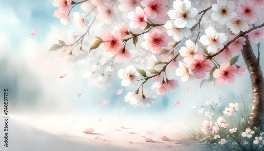 Cherry blossoms gently swaying, signaling the start of spring. Banner or invitation template layout for Springtime