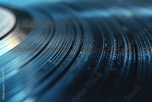 This close-up photograph captures the details of a blue vinyl record, showcasing its grooves and labels, Close-up view of a vinyl record grooves, AI Generated photo