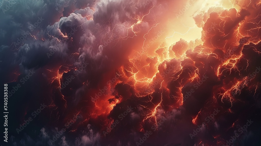 Illustration AI horizontal apocalyptic thunderstorm over fiery sky. Background concept, textures.