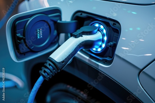 An electric car being charged by connecting it to a charging station, Close-up view of an electric vehicle connector, AI Generated © Iftikhar alam