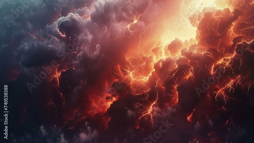 Illustration AI horizontal apocalyptic thunderstorm over fiery sky. Background concept, textures. © Ametz