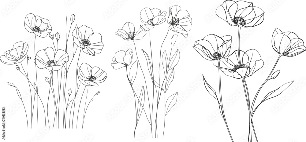 Poppy flower line art. Minimalist contour drawing - obrazy, fototapety, plakaty 