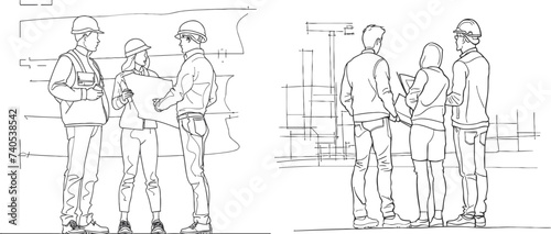continuous line drawing of - couple discussing construction plan with developer
