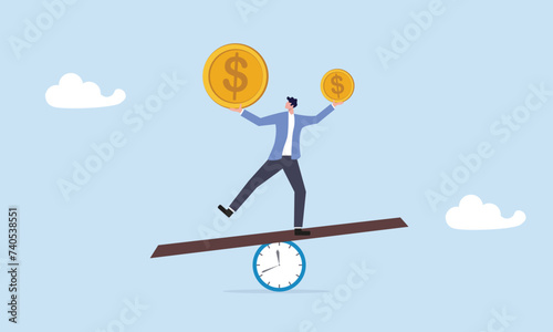 Time value of money, inflation or earning cost, sum of money worth more now at present time than future, value depend on time, businessman investor holding money big and small coin on clock seesaw. photo