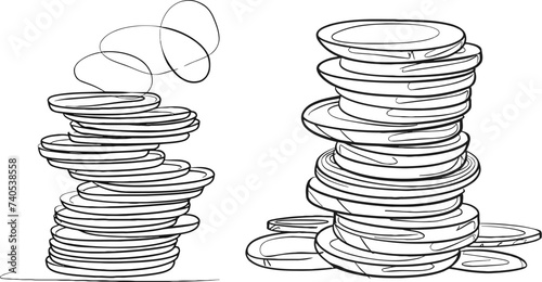 Stacks of coins penny cents. Continuous one line drawing