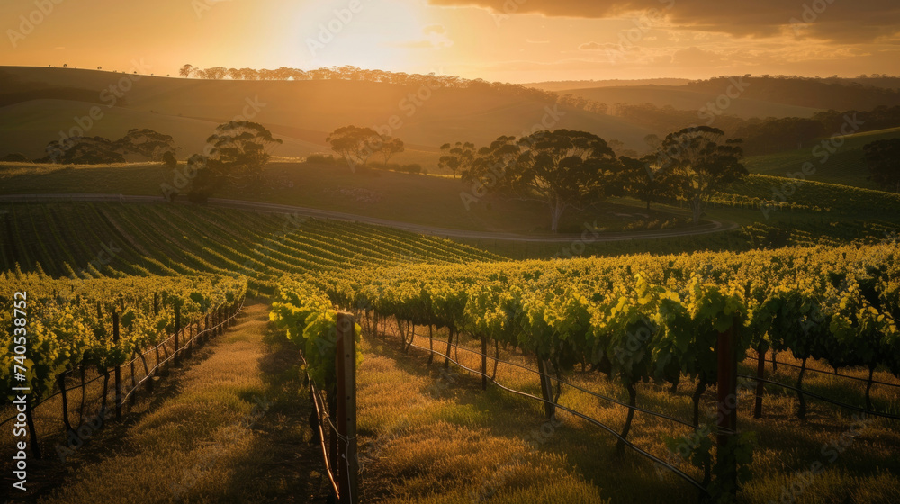 The sun sets behind the vineyard casting a warm glow over the landscape and highlighting the diverse range of g varieties growing in the field.