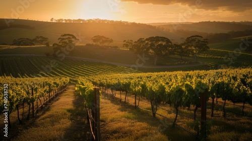 The sun sets behind the vineyard casting a warm glow over the landscape and highlighting the diverse range of g varieties growing in the field.