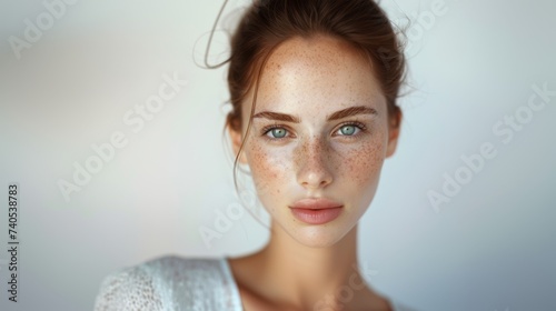 beauty shot of a woman with freckles and pimples imperfect skin photo