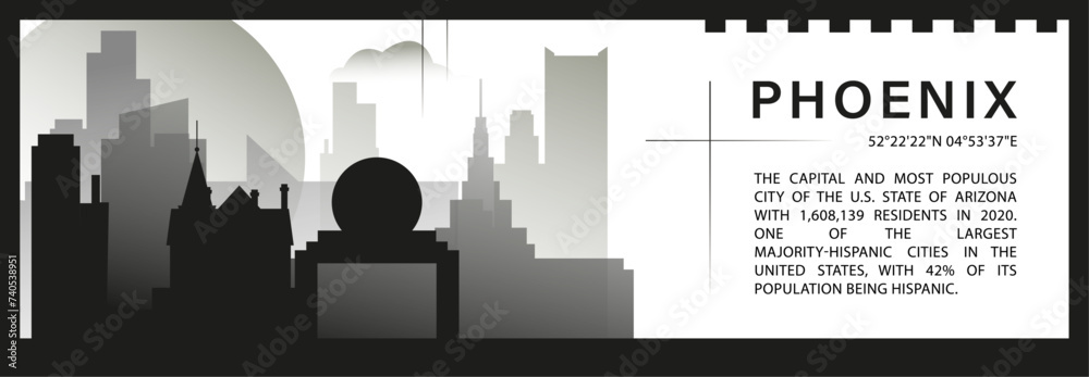 US Phoenix skyline vector banner, black and white minimalistic cityscape silhouette. USA Arizona state horizontal graphic, travel infographic, monochrome layout for website