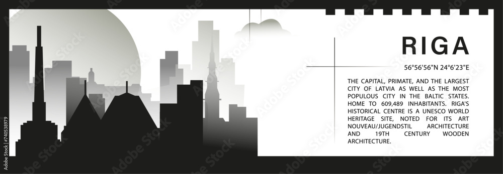 Riga skyline vector banner, black and white minimalistic cityscape silhouette. Latvia capital city horizontal graphic, travel infographic, monochrome layout for website