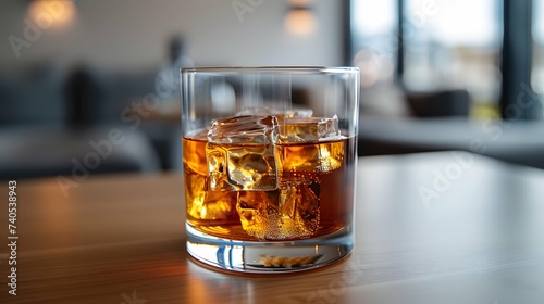 glass of whiskey on the table, a glass of whiskey with ice sits on a table.