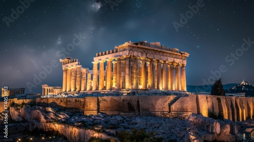Ruins of the Acropolis in Athens at night. History of ancient Greece. Stone columns.