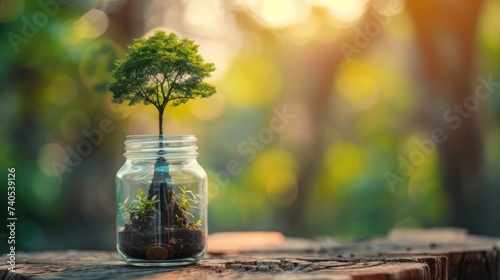 A tree grows on a coin in a glass jar with copy space finance growing concept 