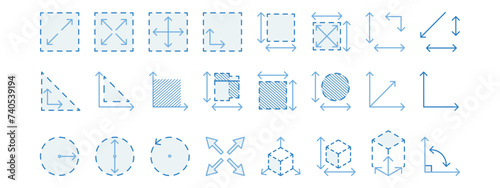 Set of linear icons of the size or area of a room or floor. Square, space, triangle, circle, box dimension, meter vector illustration in blue.