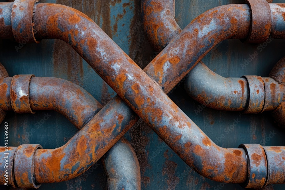 This photo depicts a detailed close-up view of a rusted metal structure with visible pipes, Cloverleaf pattern created by intertwining industrial pipelines, AI Generated This photo depicts a detailed close-up view of a rusted metal structure with visible pipes, Cloverleaf pattern created by intertwining industrial pipelines, AI Generated