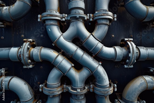 A detailed view of several metal pipes grouped closely together in an industrial environment, Cloverleaf pattern created by intertwining industrial pipelines, AI Generated