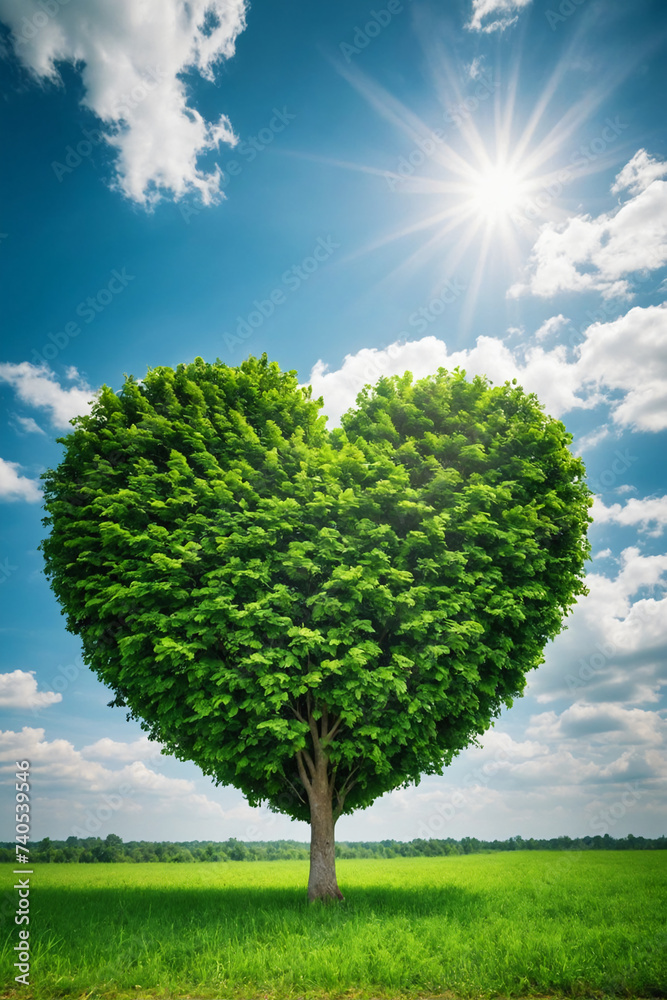 Green heart shaped tree over cloudy blue sky background. Love, nature, environment concept Green heart shaped tree over cloudy blue sky background. Love, nature, environment concept