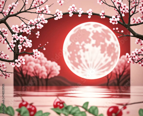 Illustration of a full moon with cherry blossoms in the foreground. Digital art. With copy space. For banner, poster, flayer, desing