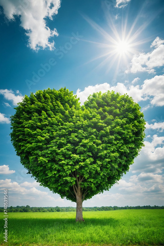 Green heart shaped tree over cloudy blue sky background. Love  nature  environment concept
