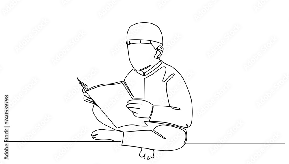 continuous line drawing of a Muslim boy reading the book, for illustration of Ramadan holiday vector