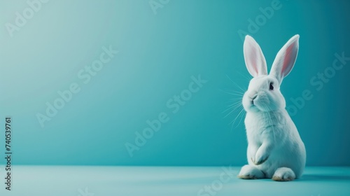 Cute white rabbit on blue background with copy space for text    © Emil
