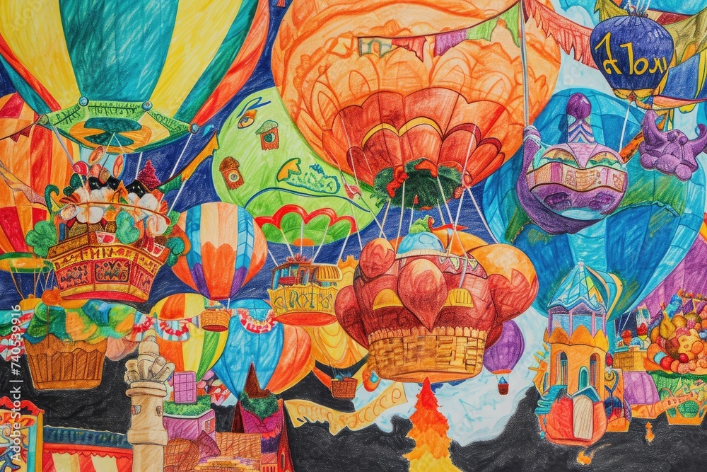 A vibrant painting showcasing a multitude of hot air balloons in a variety of bright and bold colors, Colorful and detailed drawing of Thanksgiving Day parade with balloon floats, AI Generated