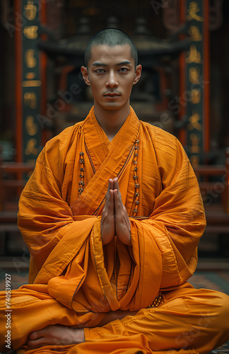 Buddhistischer Mönch in orangener Kutte photo