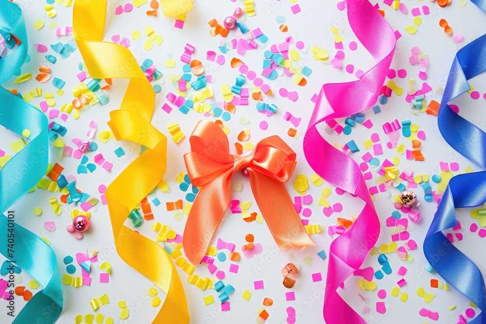 A vibrant display of colorful streamers and confetti spread across a clean white background, Colorful birthday ribbons and bows with a cute charm, AI Generated