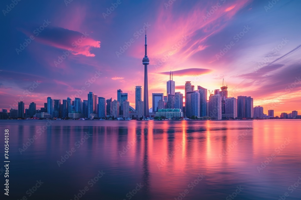 A stunning sunset casts a warm glow over a city skyline, with a serene lake in the foreground, Colorful city skyline under the beautiful sunset, AI Generated