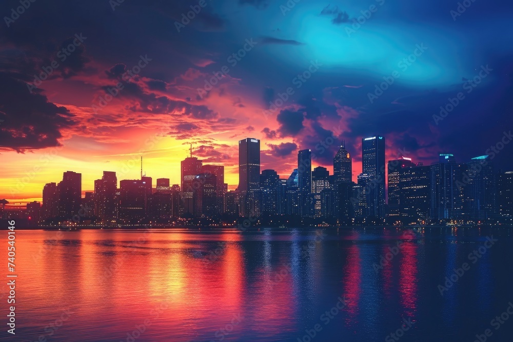 A stunning city skyline is illuminated by the setting sun as it reflects on the calm body of water below, Colorful city skyline under the beautiful sunset, AI Generated