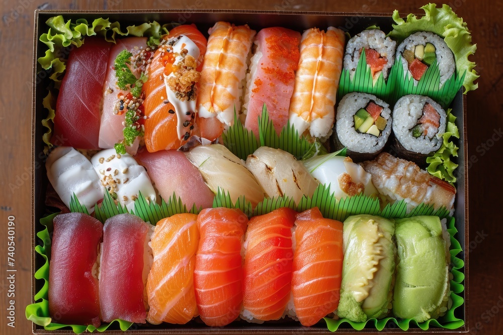 A box filled with a variety of different types of sushi, neatly arranged and ready to be enjoyed, Colorful, delectable sushi neatly arranged in a bento box, AI Generated A box filled with a variety of different types of sushi, neatly arranged and ready to be enjoyed, Colorful, delectable sushi neatly arranged in a bento box, AI Generated